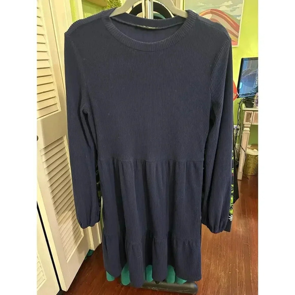 Navy Ribbed Long-Sleeve Tiered Dress - Picture 1 of 2